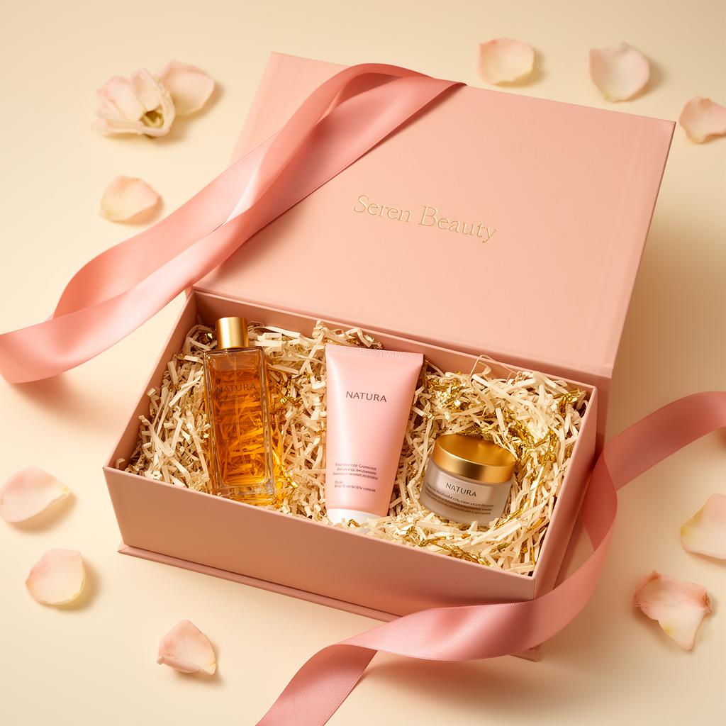 Kit presente Seren Beauty com produtos Natura em caixa rosa com fita de cetim